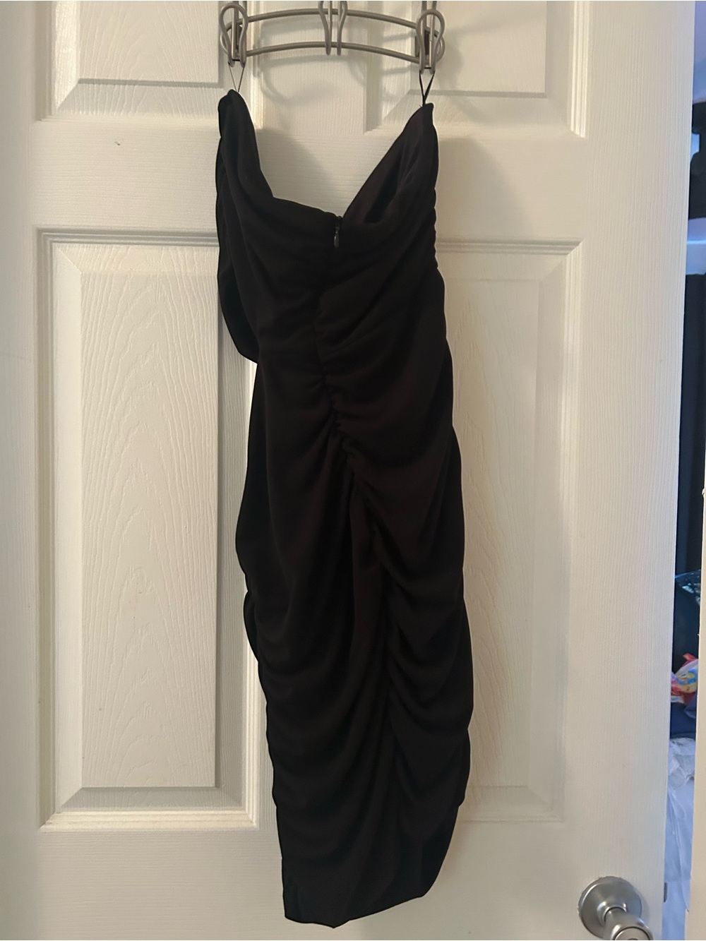Women's Black Ruched halter Dress with side out